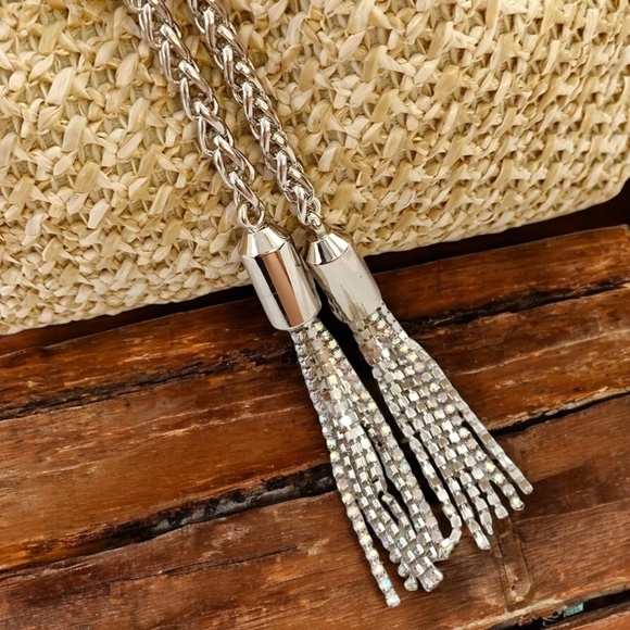 🆕️Boho Chic Straw Bucket Bag 👜✨ | Rhinestone Handle Chain Strap Trendy Stylish - Picture 13 of 17